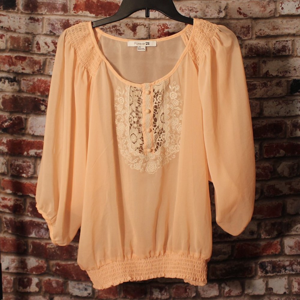 Pink Peasant Blouse with Lace and Cinched Wrist